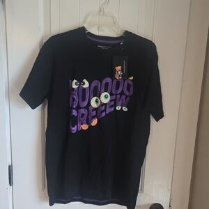 Denim & Flower Black Tee with BOOO Crew Spell Design NWT